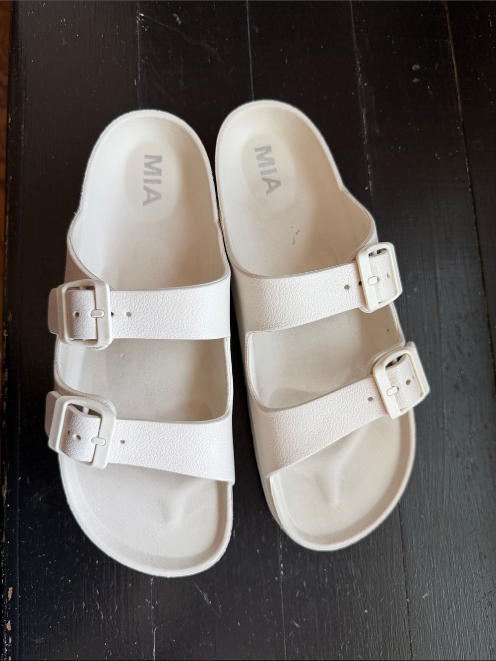 MIA Cream Double-Buckle Slide Sandals